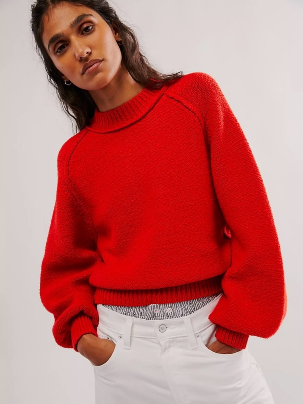 Free People Vibrant Red Riley Mock Neck Balloon Sleeve Sweater - Picture 1 of 8